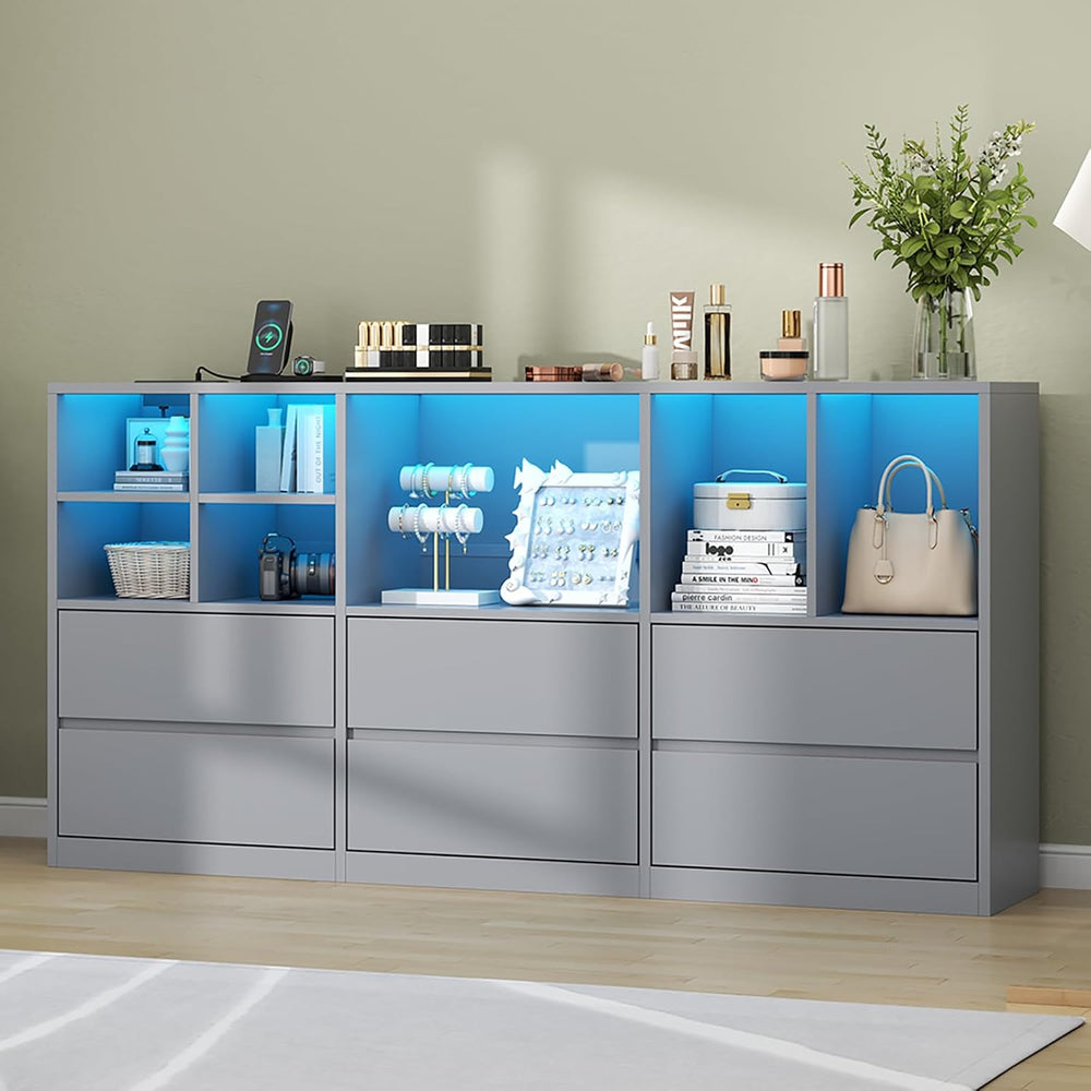 Grey 6 Drawers Dresser with 7 Storage Cubbies, LED Lights, Power Outlets