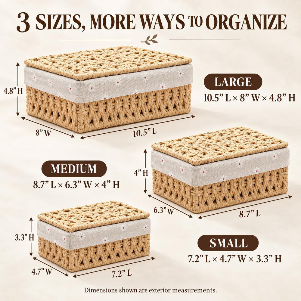 GIB Small Wicker Baskets with Lid & Liner Decorative Storage Boxes Set of 3