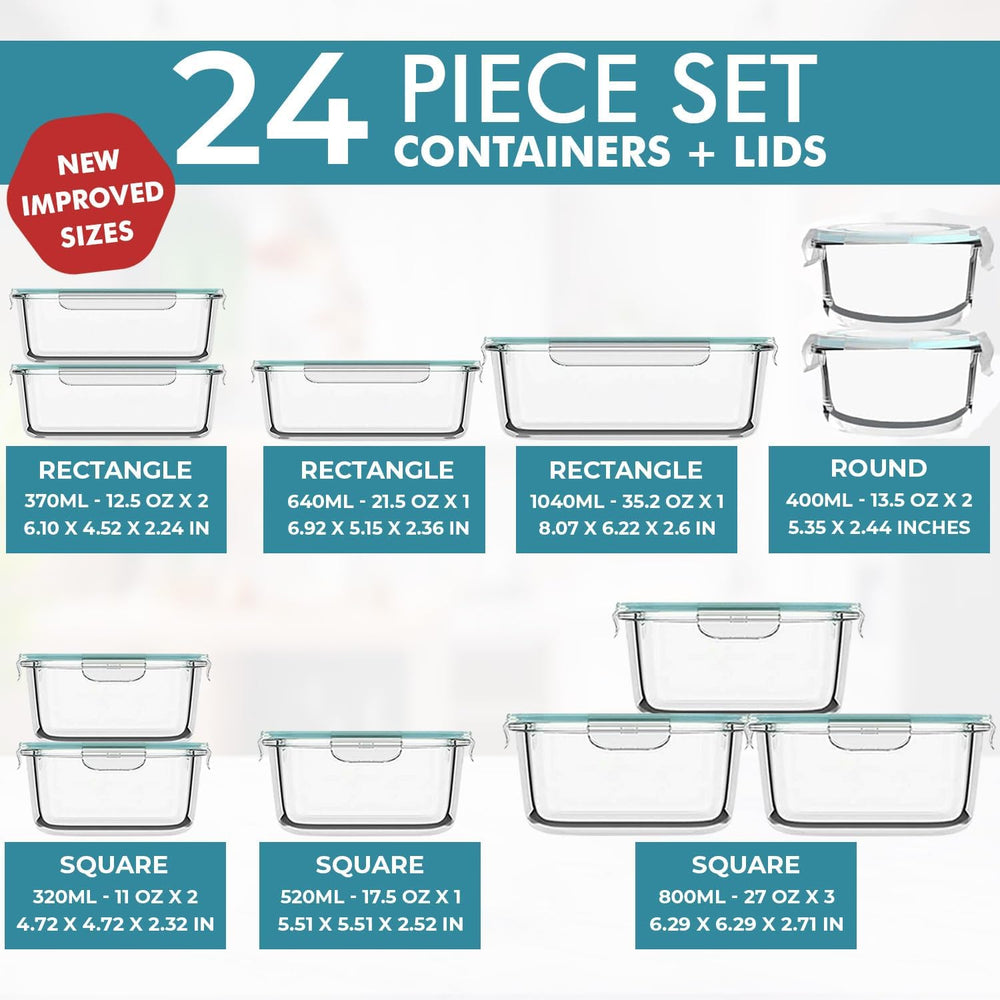 Razab 24 Pc Airtight Glass Food Storage Containers - Glass Meal Prep Containe...