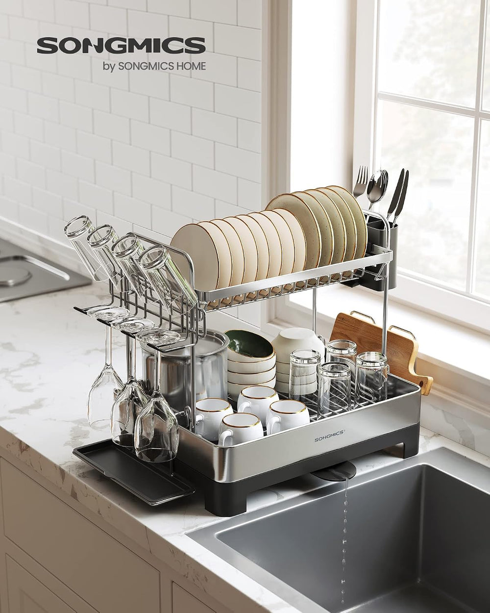 SONGMICS 2 Tier Dish Drying Rack for Kitchen Counter