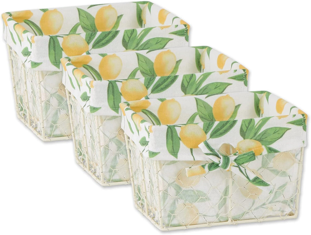 DII SMALL ANTIQUE WHITE CHICKEN WIRE LEMON PRINT LINER BASKET SET/3