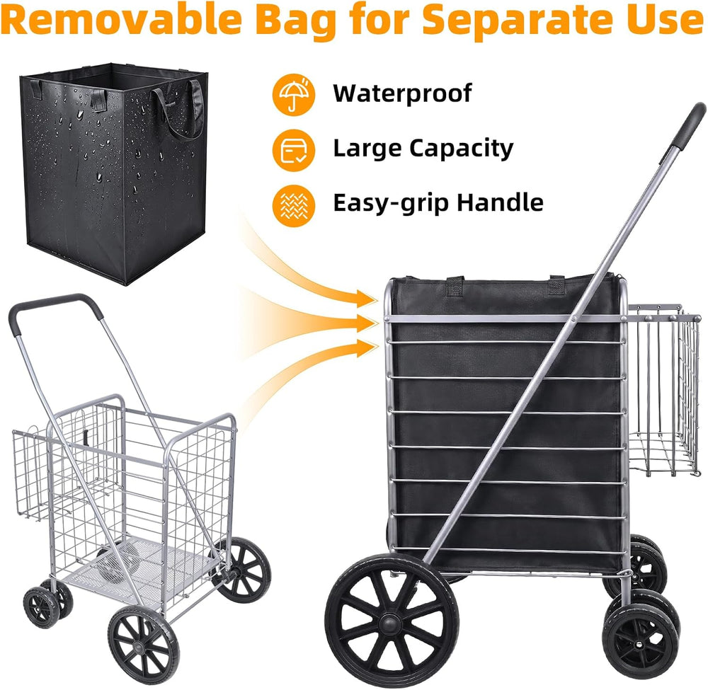 Folding Shopping Cart with Large Front Wheels, Grocery Cart with Waterproof L...