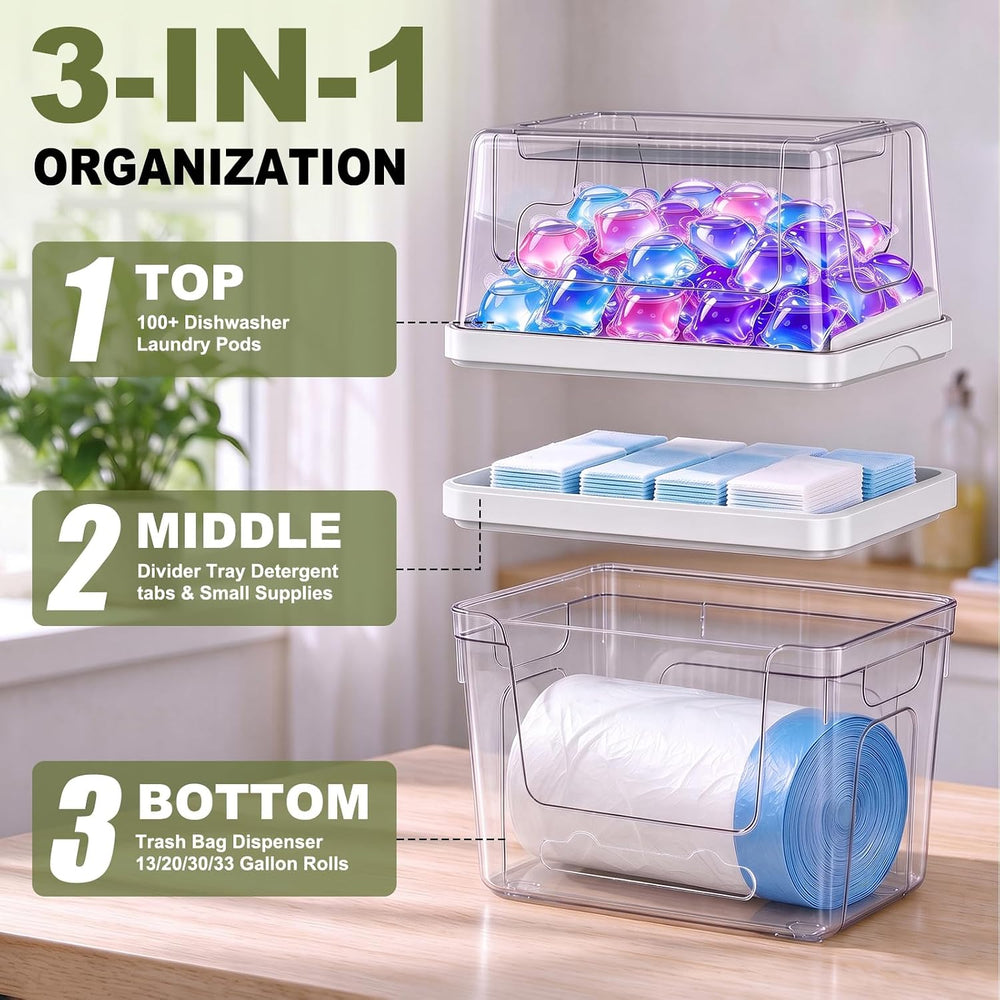 Trash Bag Dispenser with Laundry Pod Storage, Clear Under Sink Organizer