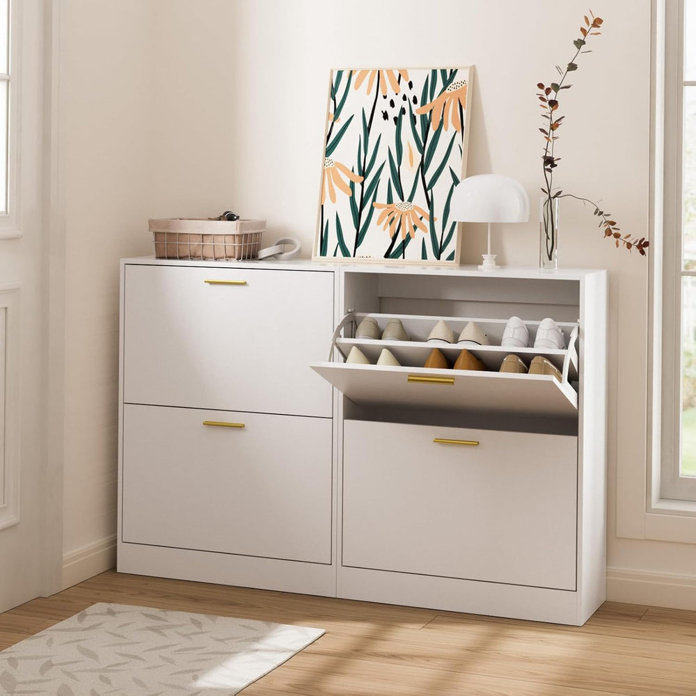 LYNSOM Modern Entryway Shoe Cabinet with 2 Flip Drawers and Top Display, Whit...