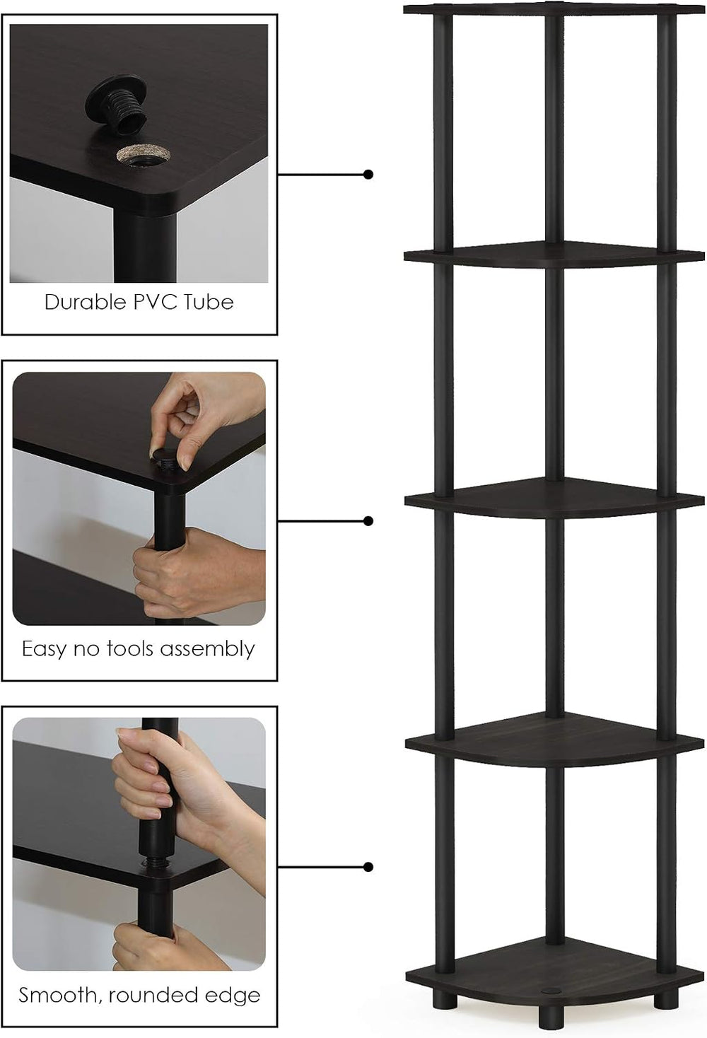 Furinno TURN-N-TUBE Corner Shelf, 5-Tier Corner Bookshelf, Open Storage Shelv...