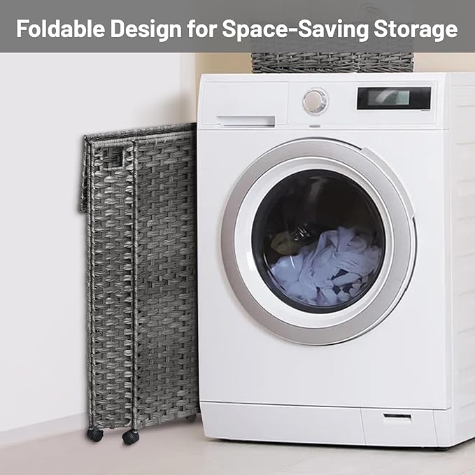 70L Slim Laundry Hamper with Lid & Wheels, 2-Park Rolling Laundry Basket ...