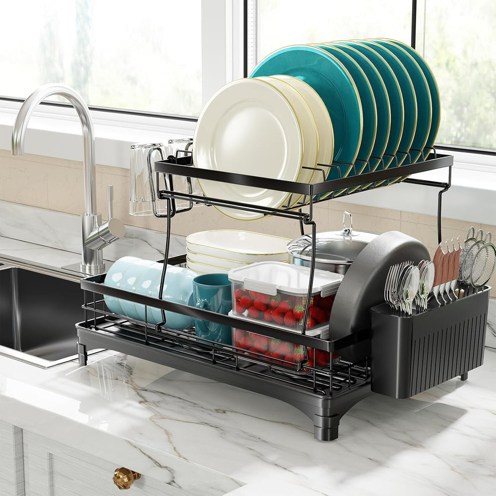 Simple Trending Dish Drying Rack, 2-Tier with Utensil Holder, Black