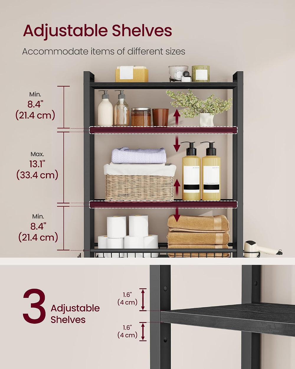VASAGLE 4-Tier Over the Toilet Storage, Adjustable Shelves, Basket, 68.1'...