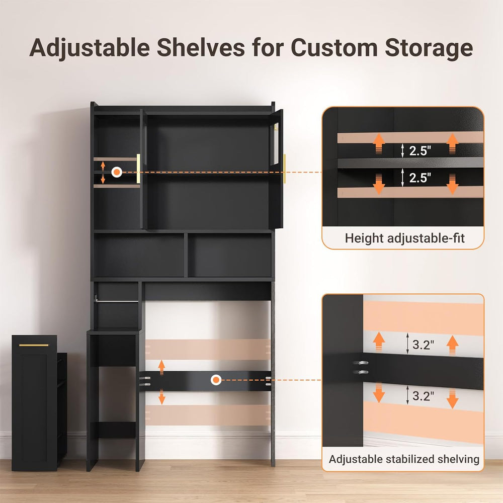 Over The Toilet Storage Cabinet with Pulley & Acrylic Doors, Black