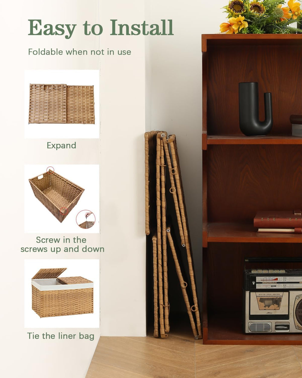 Storage Basket with Lid, 2-Lid PE Rattan Storage Bin, Natural