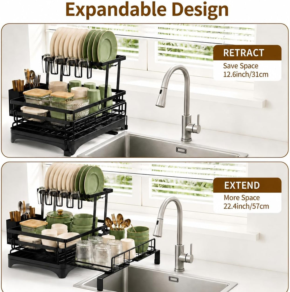 2-Tier Expandable Dish Drying Rack for Kitchen Counter and Over Sink, Black