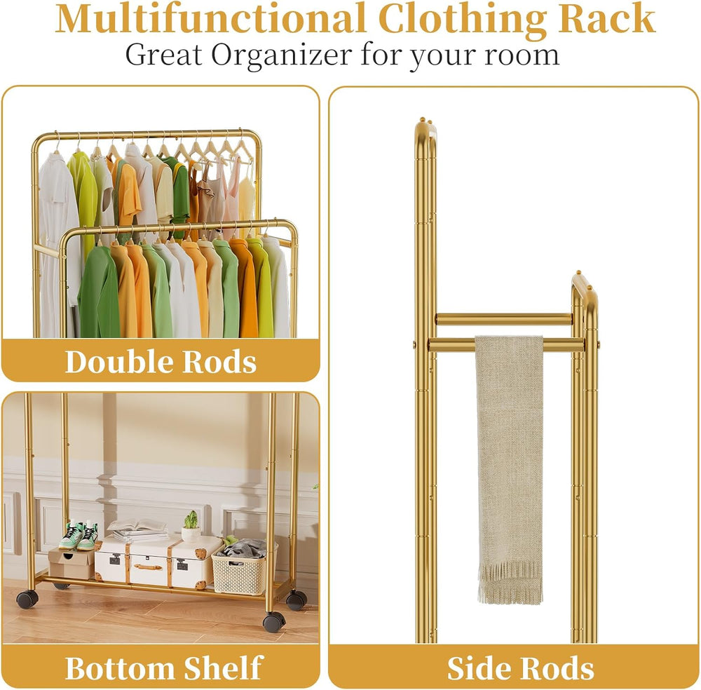 Simple Trending Clothing Clothes Rack Double Rods with Wheels, Rolling Metal ...