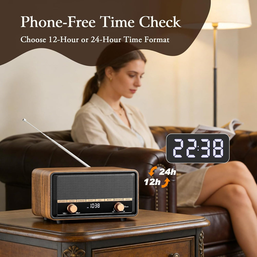 Vintage Wooden AM FM Radio Bluetooth Clock Radio for Bedroom