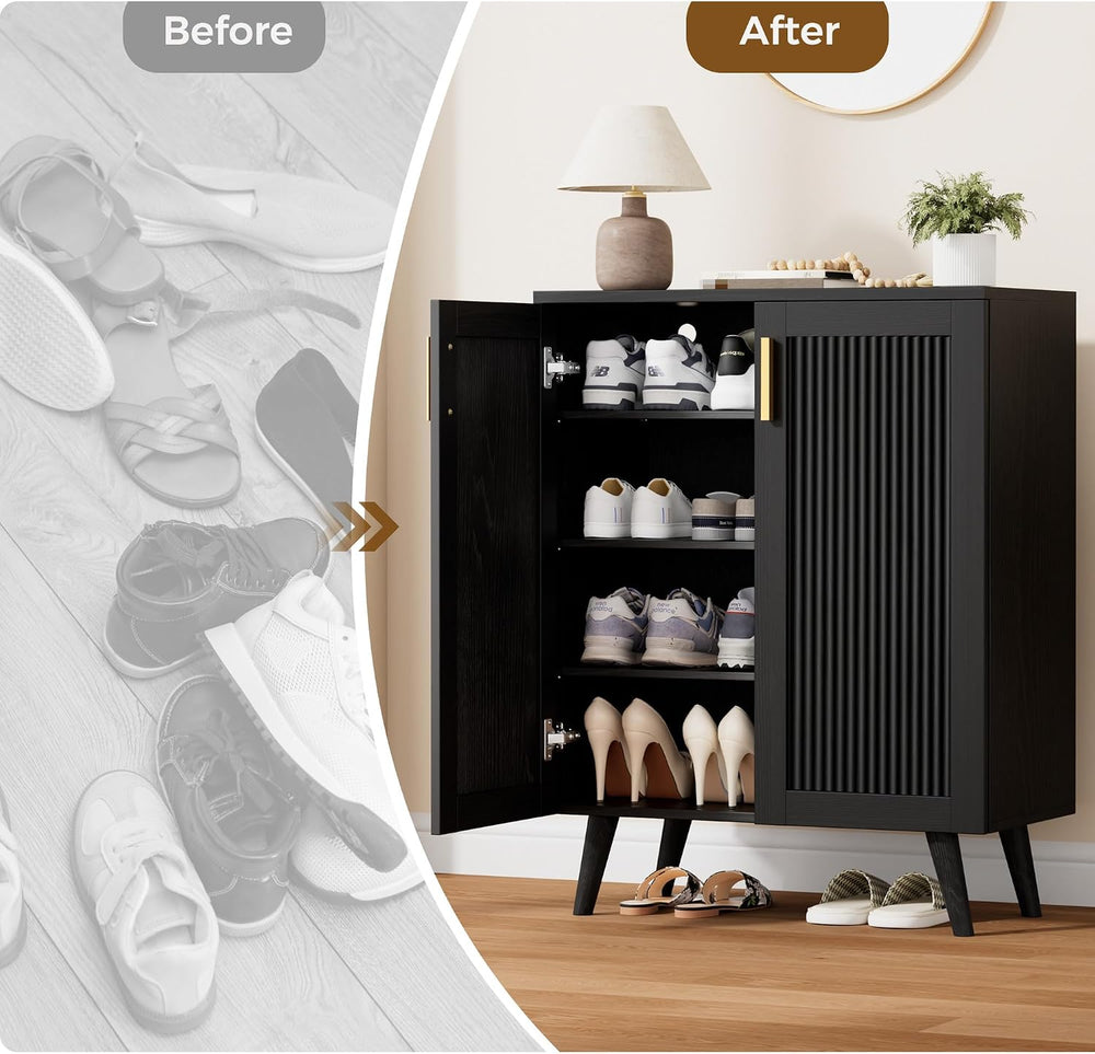 Fluted Shoe Cabinet with Doors, 4-Tier Entryway Shoe Storage