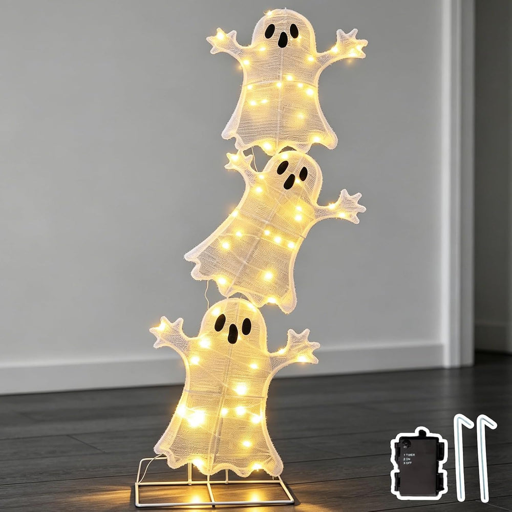 Halloween Decorations Lighted 3 Stacked Ghosts, Freestanding LED Ghost Yard S...