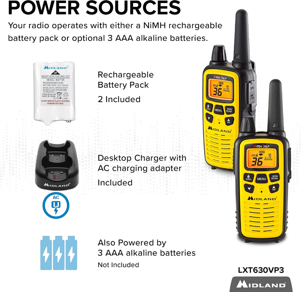 Midland LXT630VP3 FRS License Free Walkie Talkies. Yellow, 2 Pack