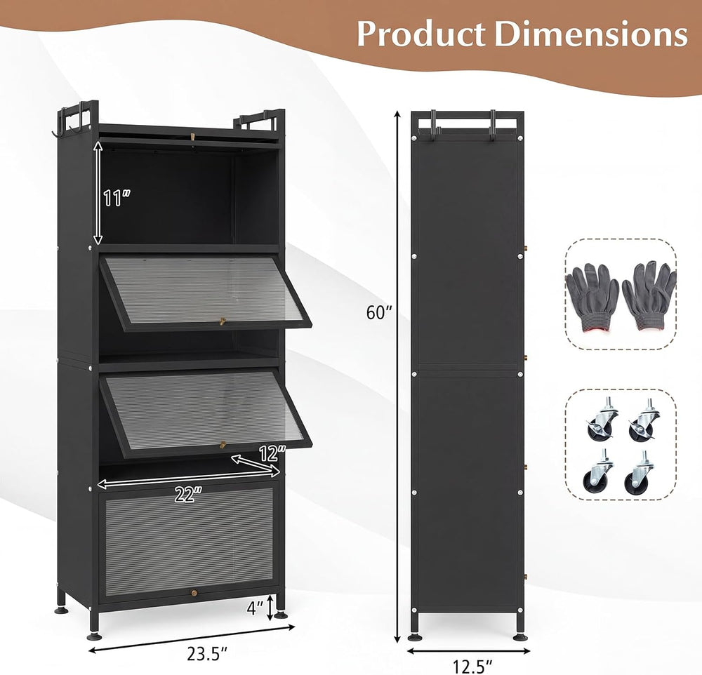 GIANTEX 5-Tier Kitchen Storage Cabinet, 4 PC Doors, Rolling Wheels, Black