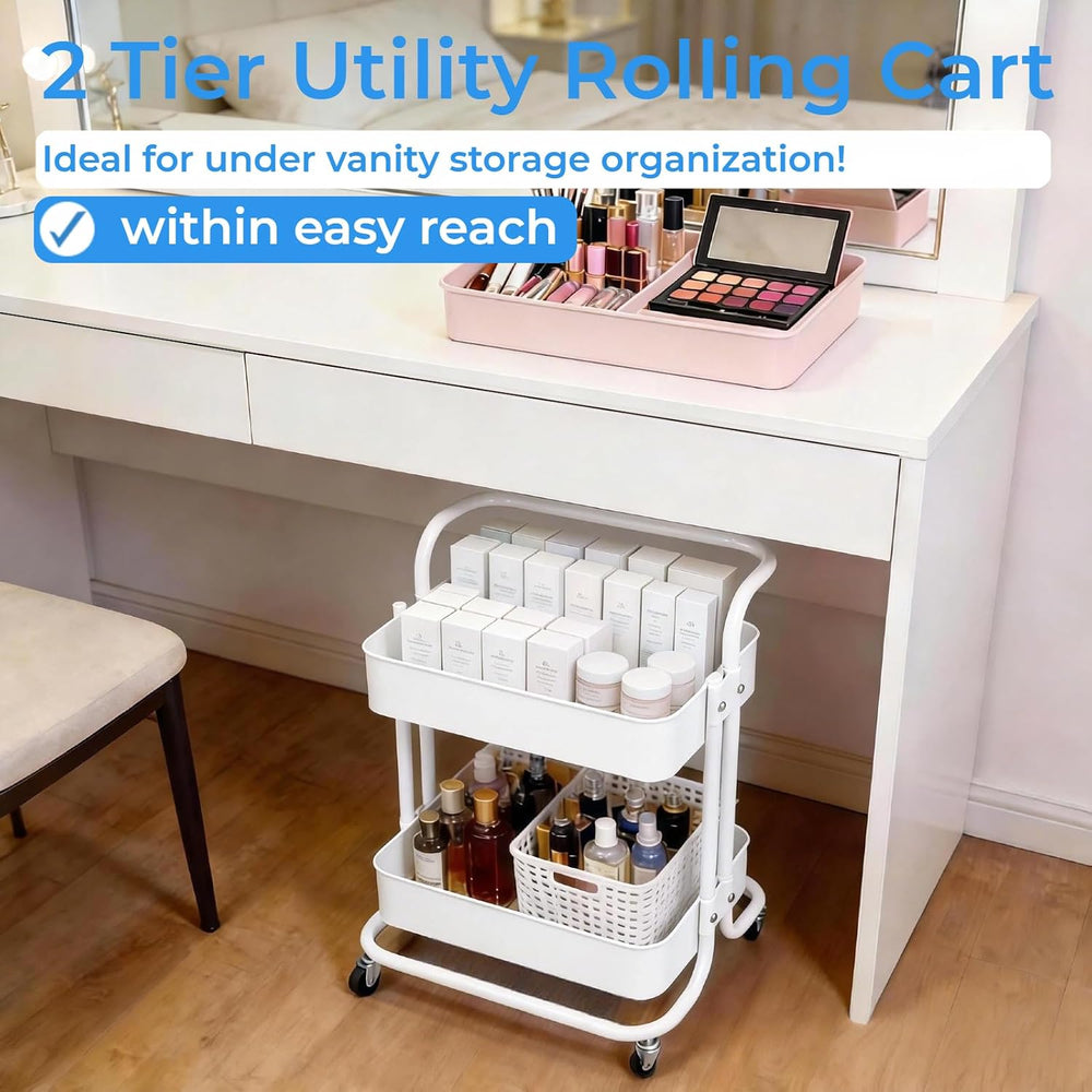 2 Tier Cart with Wheels Under Desk Storage with Handle, Metal Rolling Pantry ...