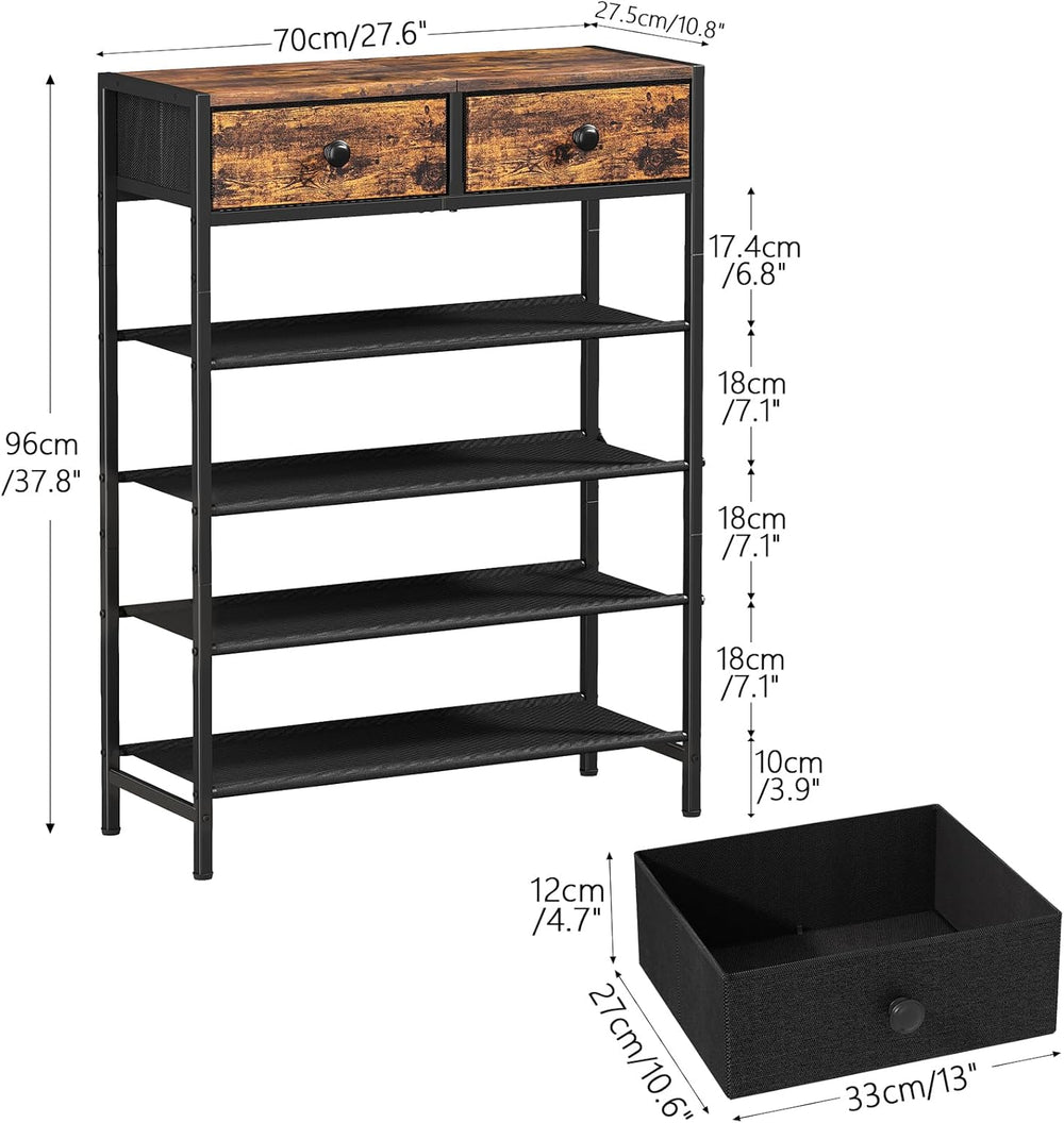 5 Tier Shoe Rack with 2 Drawers, Rustic Brown