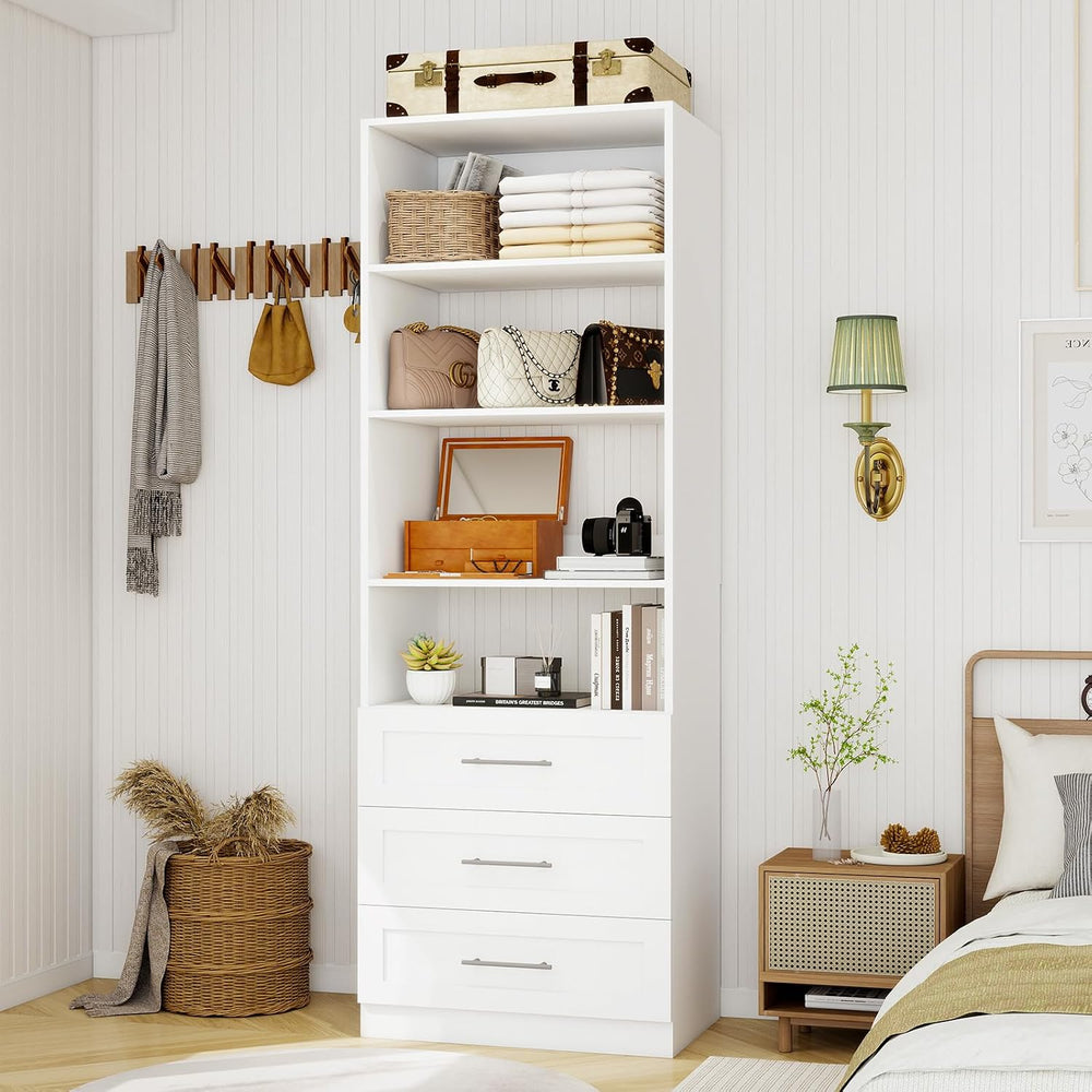 Closet System with 3 Drawers & 4 Shelves, Wood Closet Organizer System wi...