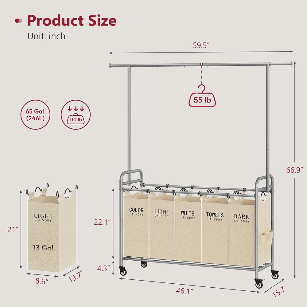 Tajsoon Laundry Cart with Hanging Rack, 65 Gal. Large Laundry Hamper, Beige