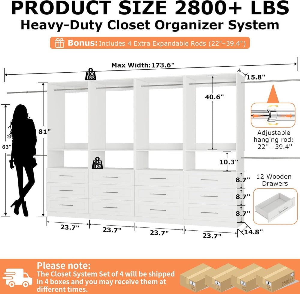 Westcity Closet System Set of 4, Closet System with 12 Drawers, 8 Rods & ...
