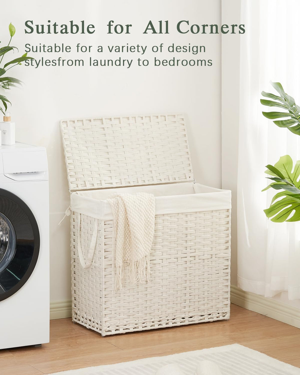 SETVSON Laundry Hamper with Lid Laundry Basket 132 L PE Rattan, White