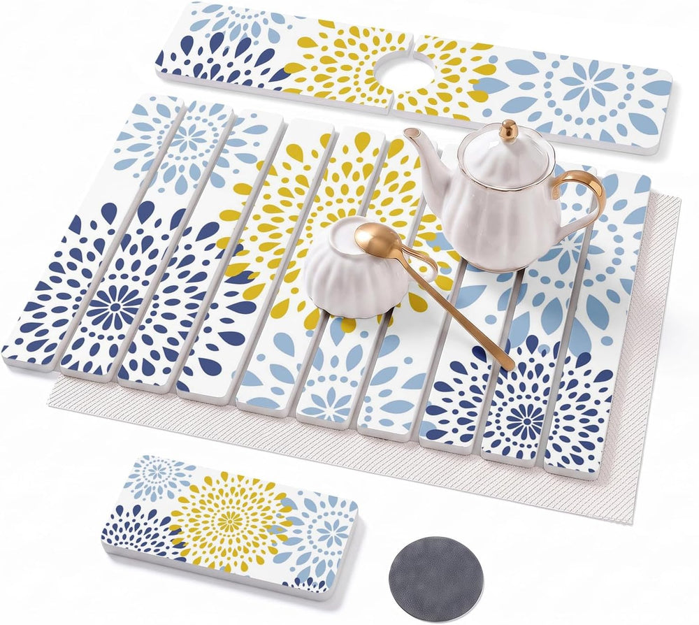 Large Stone Dish Drying Mat Set for Kitchen Counter Blue Mandala