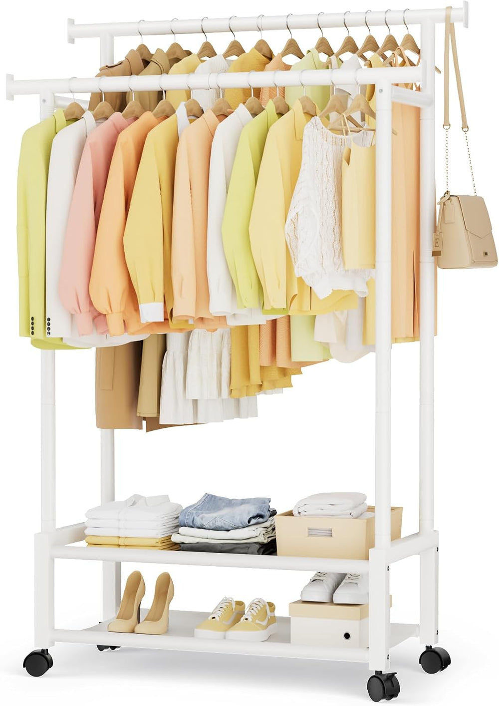 Double Rod Clothing Rack with 2 Shelves, Rolling, White