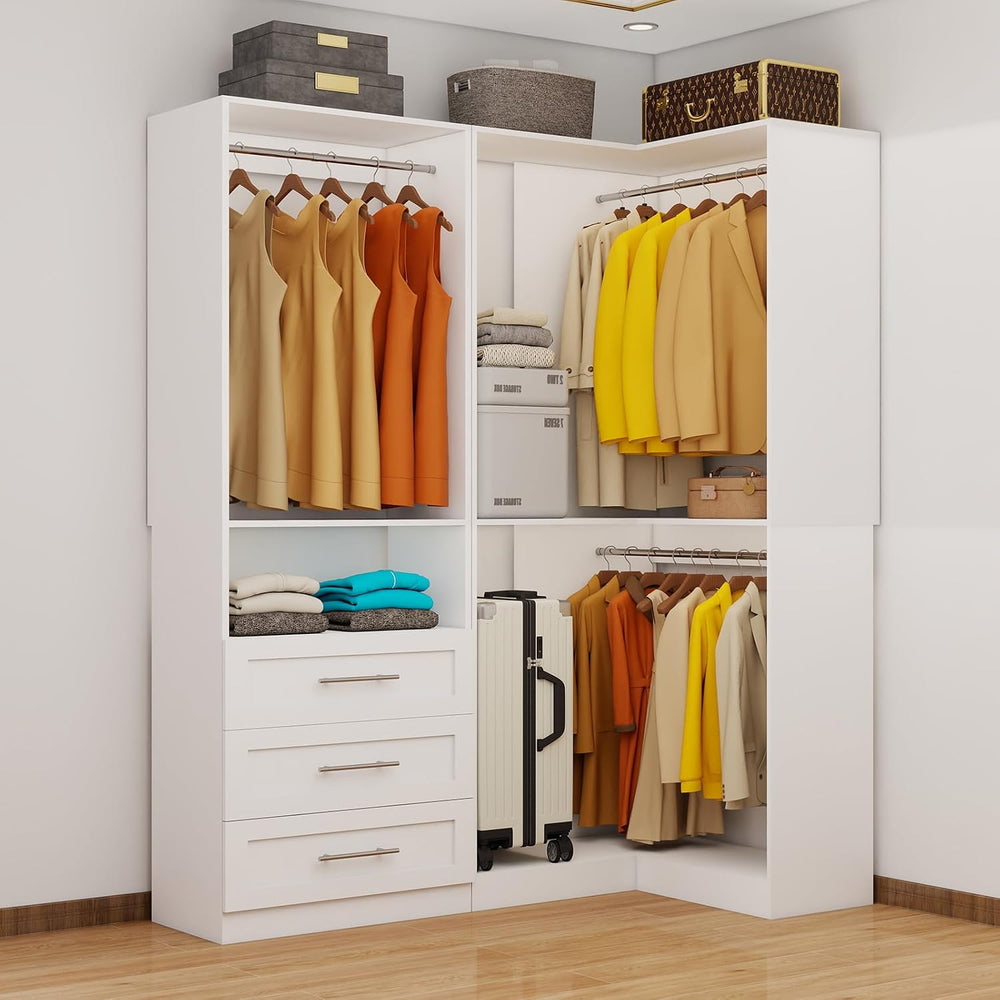 Closet System with 3 Drawers, Corner Closet Organizer System with 5 Hanging R...