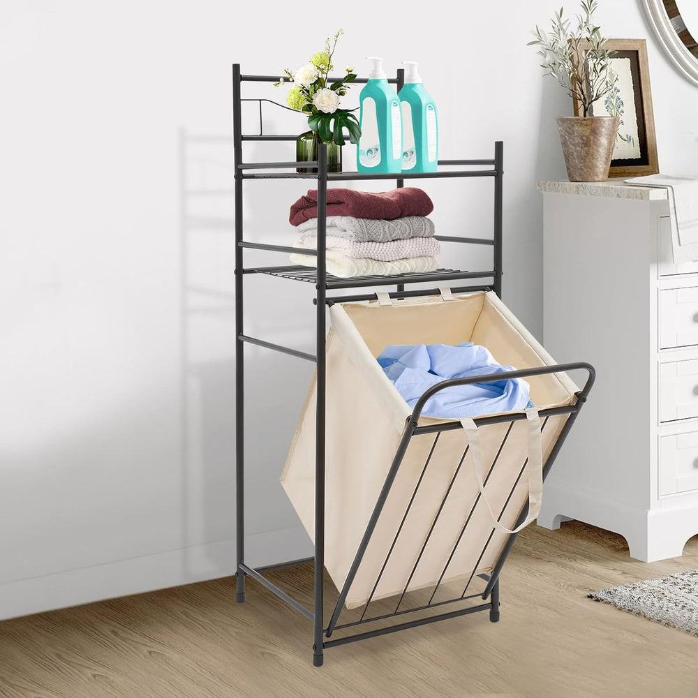 Tilt Out Laundry Hamper, Utility Laundry Basket with 2 Tier Storage Shelf and...