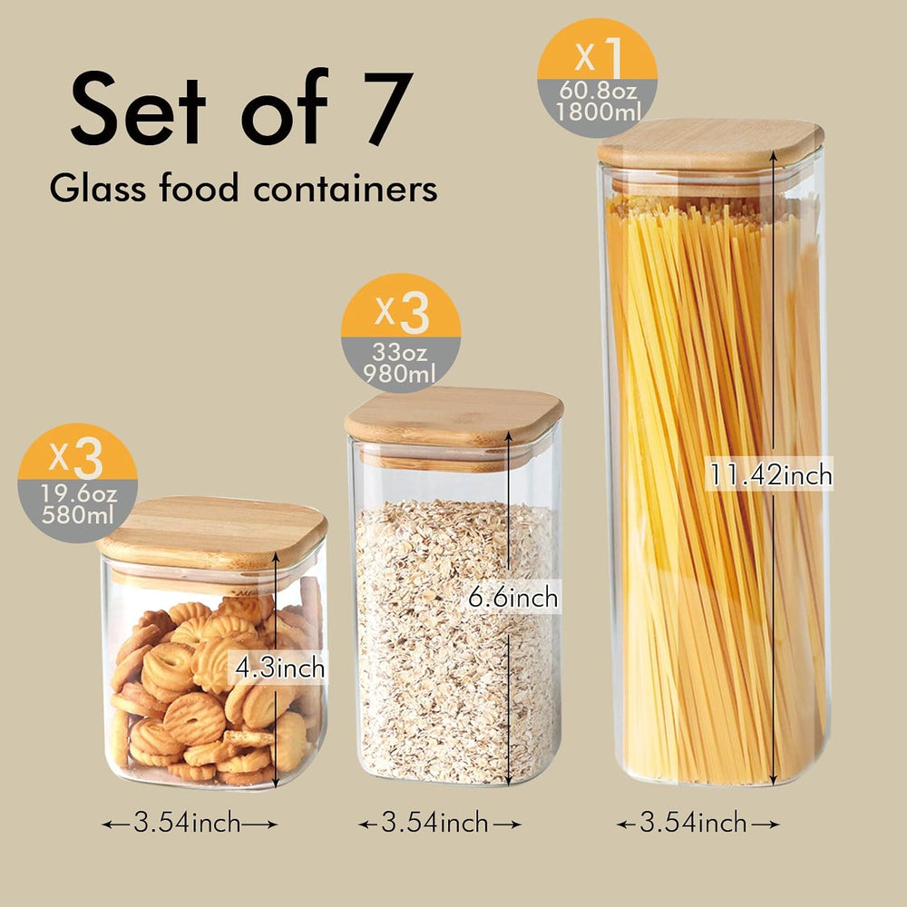 7 Pack Square Glass Storage Containers with Lids, Multi-Size Canisters Sets f...
