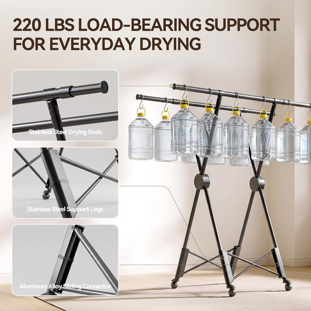 SUJI Clothes Drying Rack, Dual Rod with Wheels, Grey Foldable