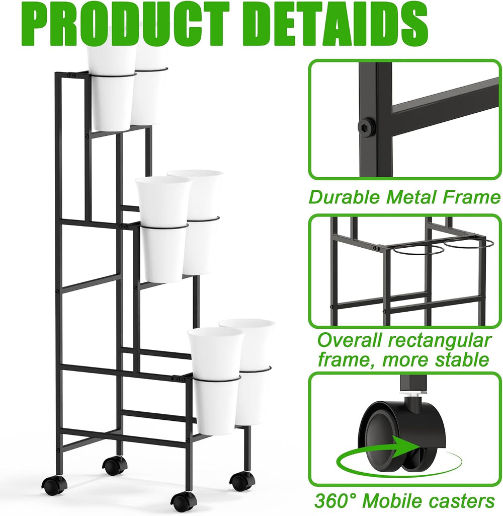 Flower Display Stand with 6 Buckets, Flower Cart with Wheels, 3 Layers Metal ...