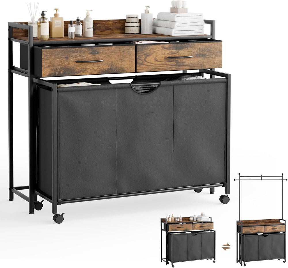 Mondeer 150L Laundry Sorter with Hanging Rack, 3 Compartments, 2 Drawers