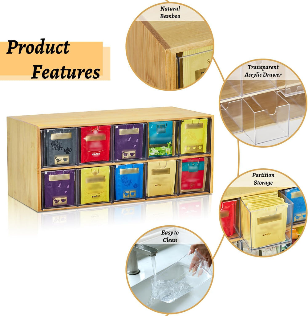 TIMIEEYA Tea Bag Organizer - Bamboo Tea Storage Organizer With Drawer 2 Layer...