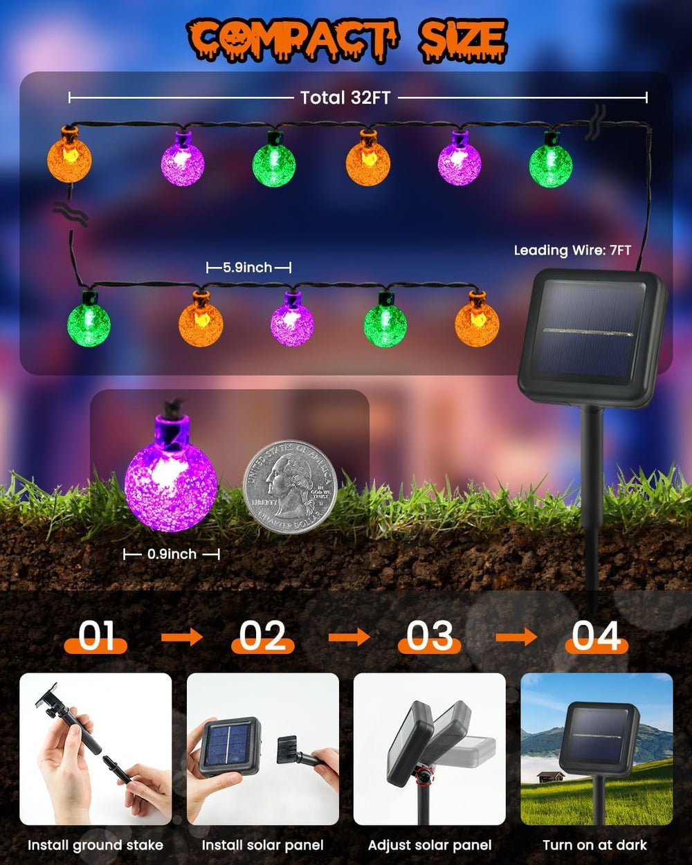 2 Pack 100 LED Purple Orange and Green Solar Halloween Lights Outdoor