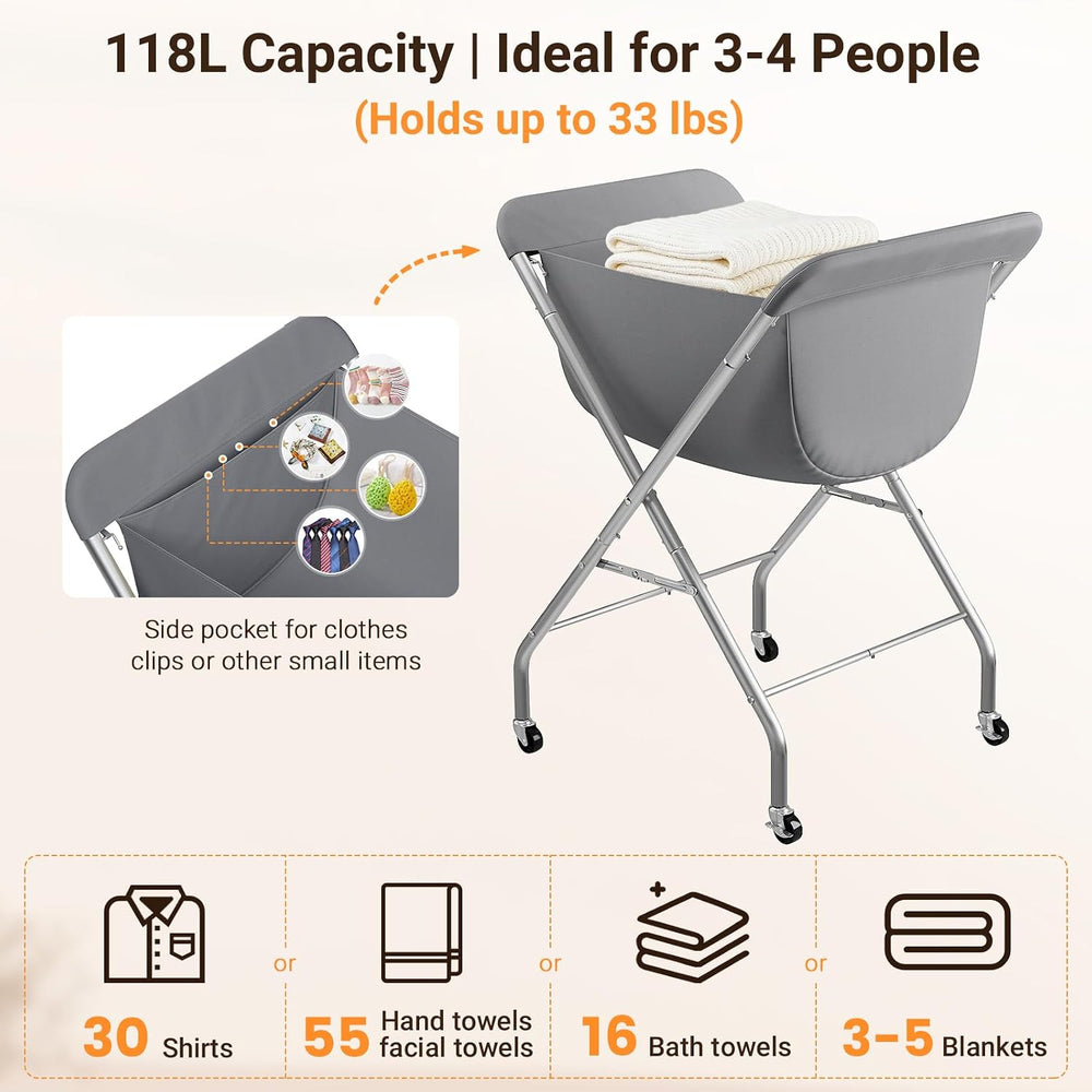 Laundry Basket with Wheels, Collapsible Laundry Hamper, Gray