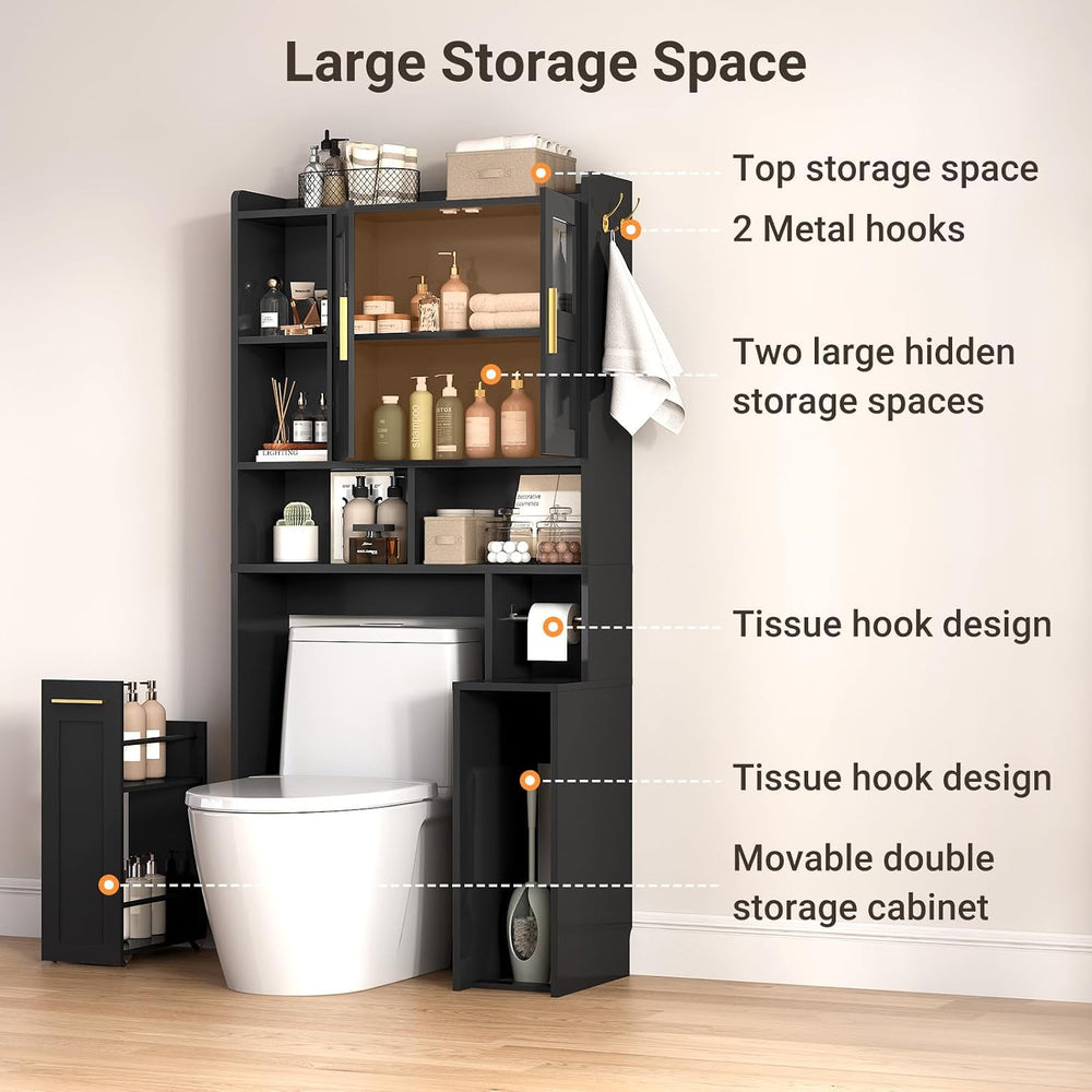 Over The Toilet Storage Cabinet with Pulley & Acrylic Doors, Black