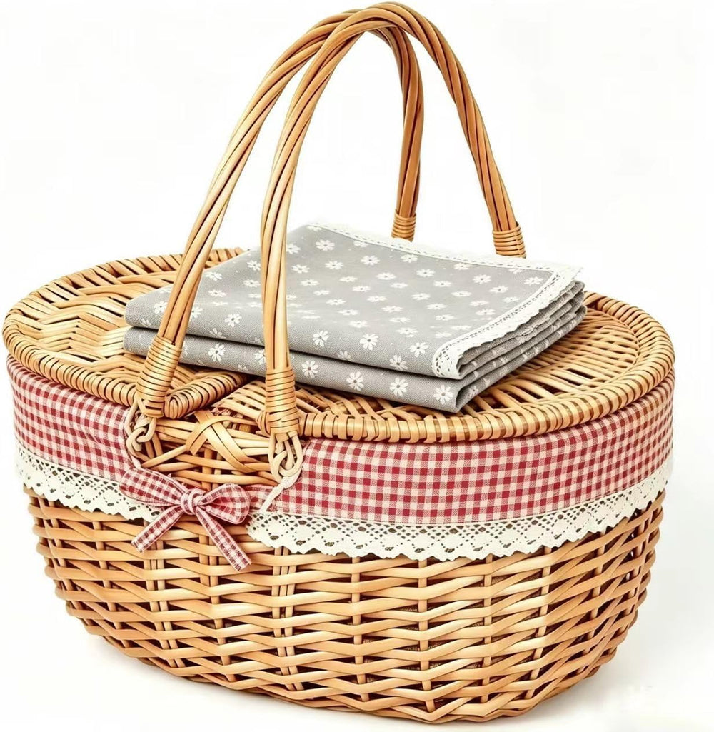 OYPEIP Empty Undyed Hand Woven Wicker Picnic Basket with Lid & Handle for...