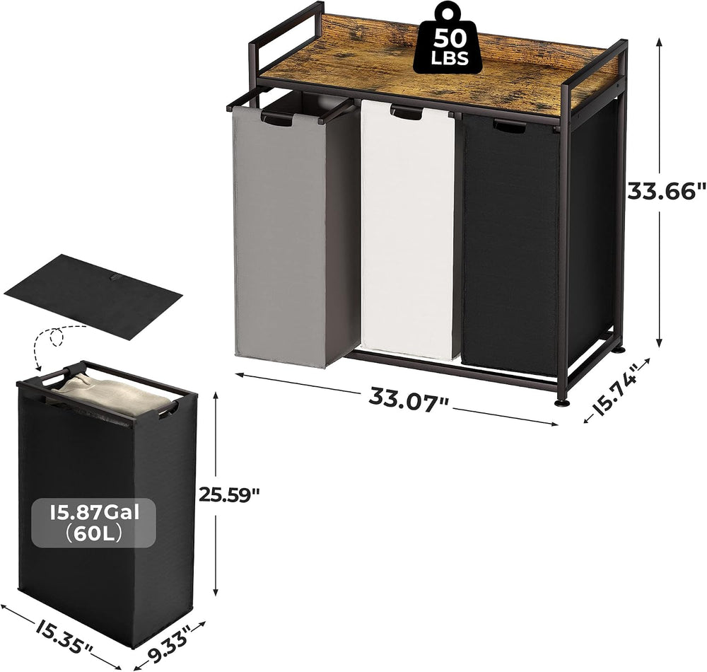 Herture Laundry Hampers with Shelf, Laundry Basket 3 Section, Laundry Sorter ...