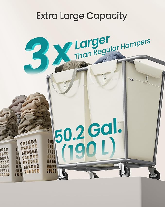SONGMICS Laundry Basket with Wheels, 50.2 Gallons, 2-Section Rolling Laundry
