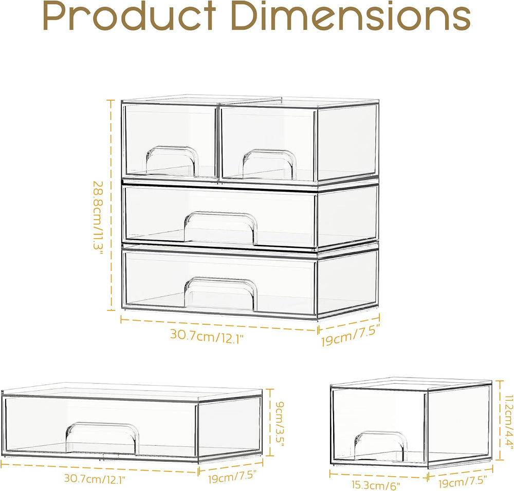 Stackable Storage Drawers, 4 Pack Clear Plastic Makeup & Bathroom Organiz...