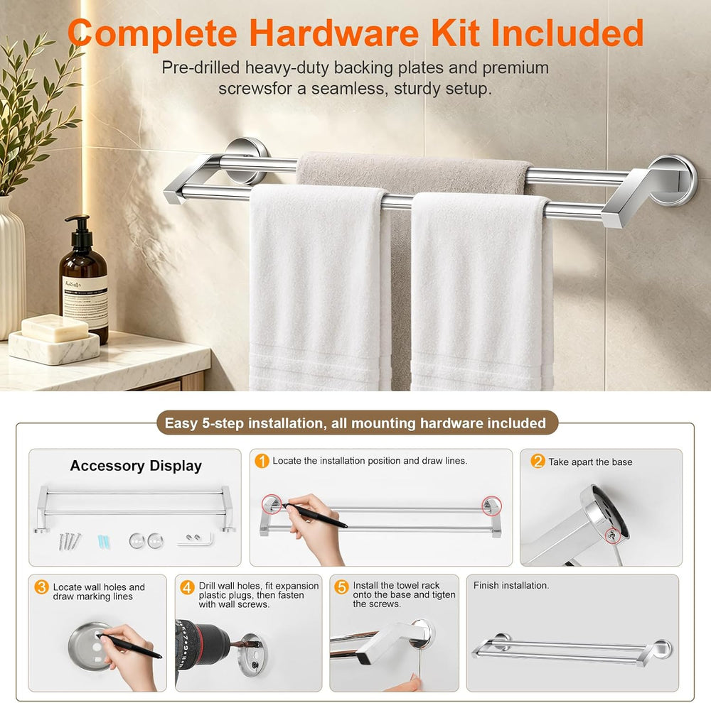 30" SUS304 Double Towel Bar,Chrome Wall Mount Towel Rack
