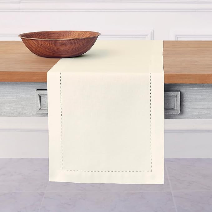 Solino Home Cotton Linen Ivory Table Runner 72 Inches Long - Hemstitch Table ...