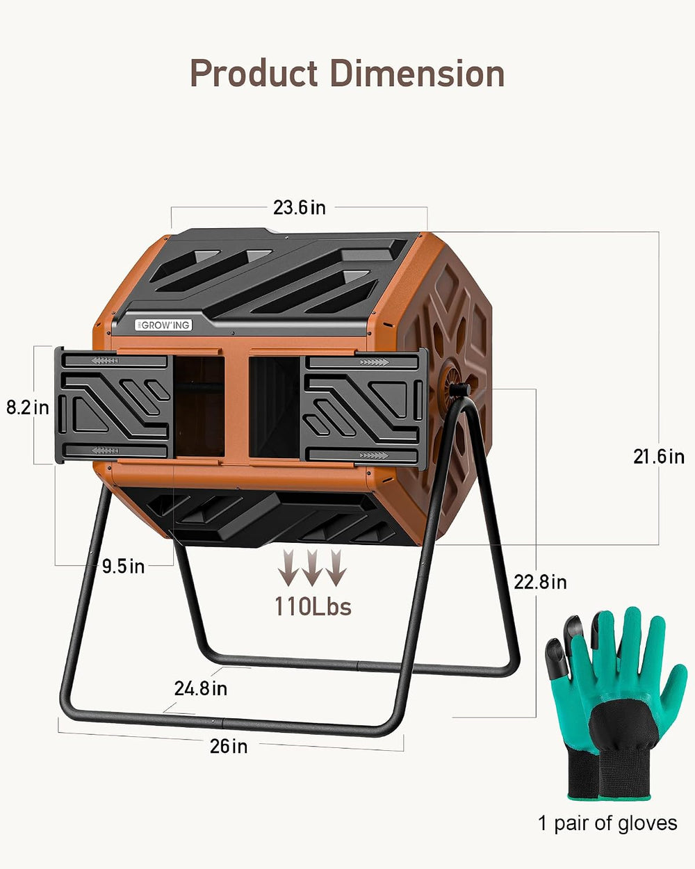 THE Growing 43 Gal Outdoor Compost Bin Tumbler for Backyard Yard, Orange