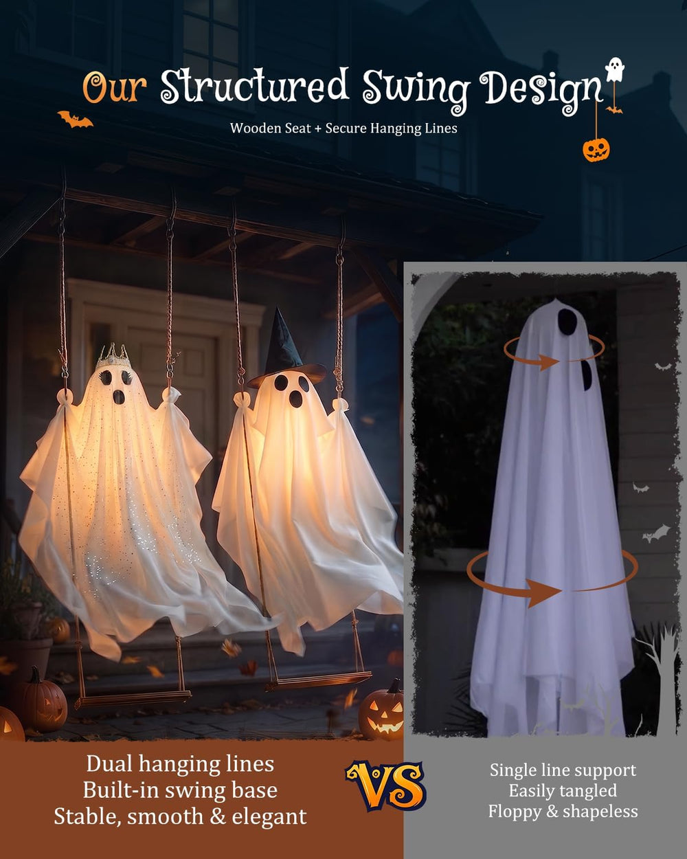 2-Pack Swinging Ghost, 4.5-7.2 FT Adjustable Halloween Decorations Outdoor