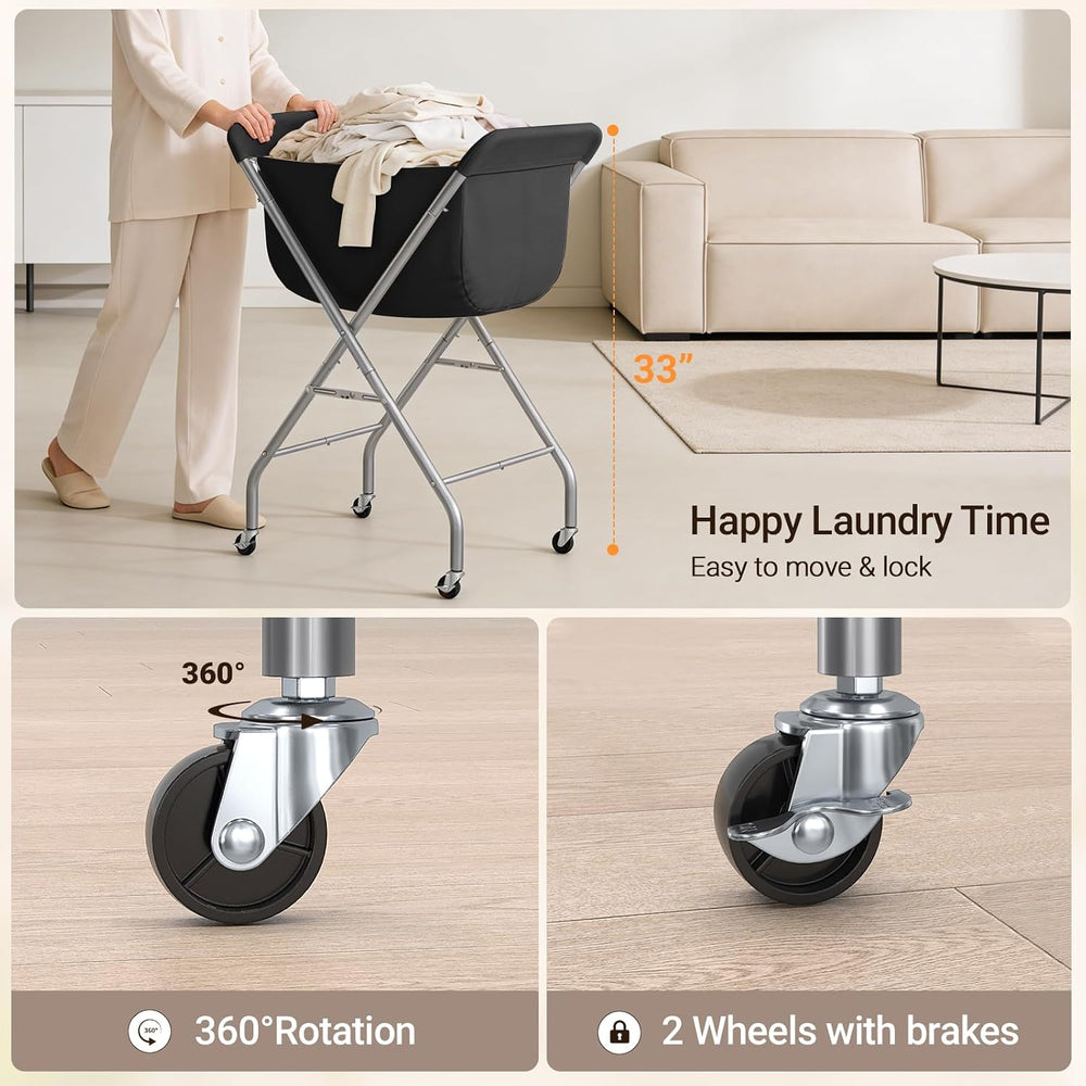 ELYKEN Laundry Basket with Wheels, Collapsible Laundry Hamper, Black