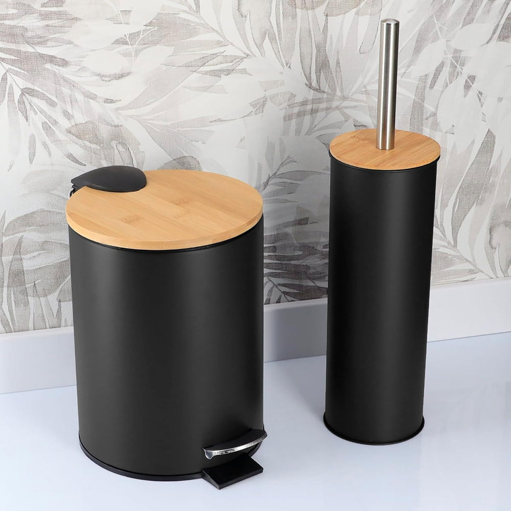 Bathroom Set w/Bamboo Lid, Metal Trash Can & Toilet Brush, 2.5L Bin, Black