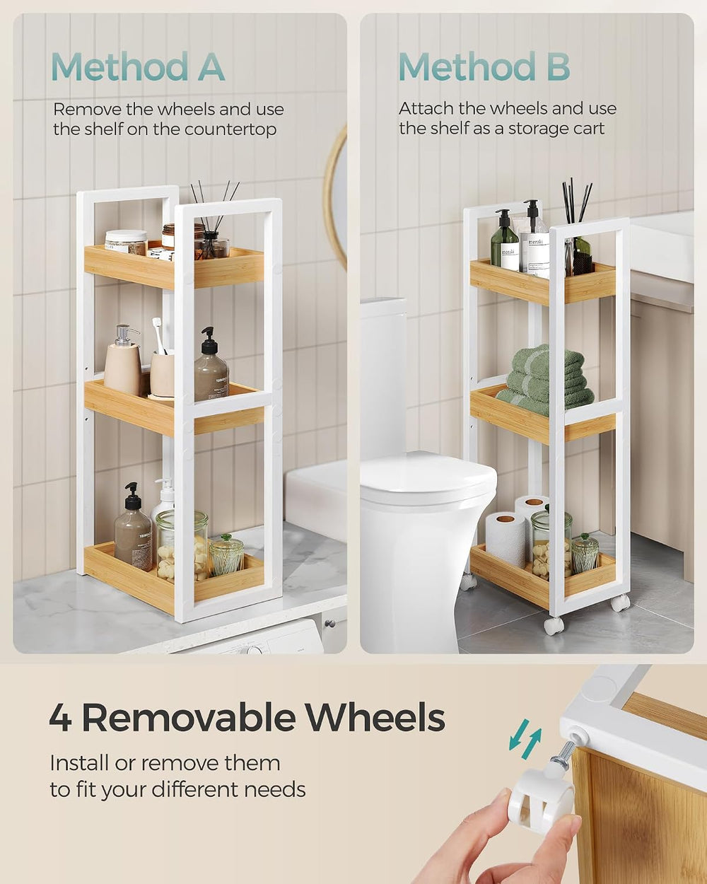 SONGMICS Bamboo Bathroom Shelf, 3-Tier Adjustable Plants Rack